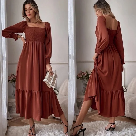Shirred bust square neck long sleeve ruffle maxi dress boho gypsy rust brown - Picture 5 of 10